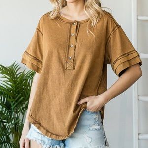 Women’s Camel Distressed Tee With Buttons